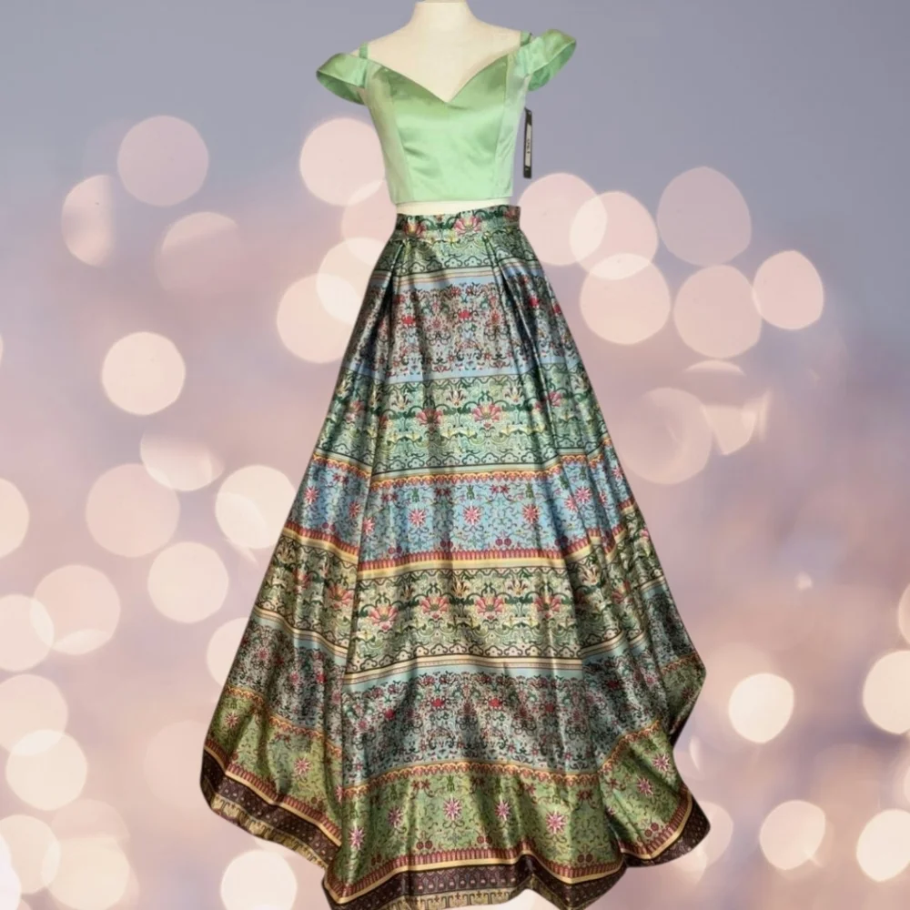 NWT Size 4 Sherri Hill 2-Piece Blue & Green Print Taffeta Ballgown - Picture 5 of 9